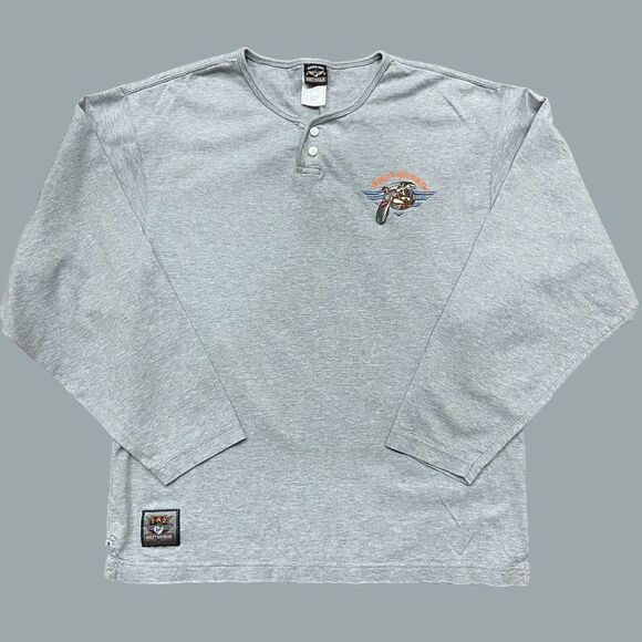 Harley Davidson Wile E Coyote Motorcycle Henley Gray T-Shirt Men's Size Large - Picture 1 of 9